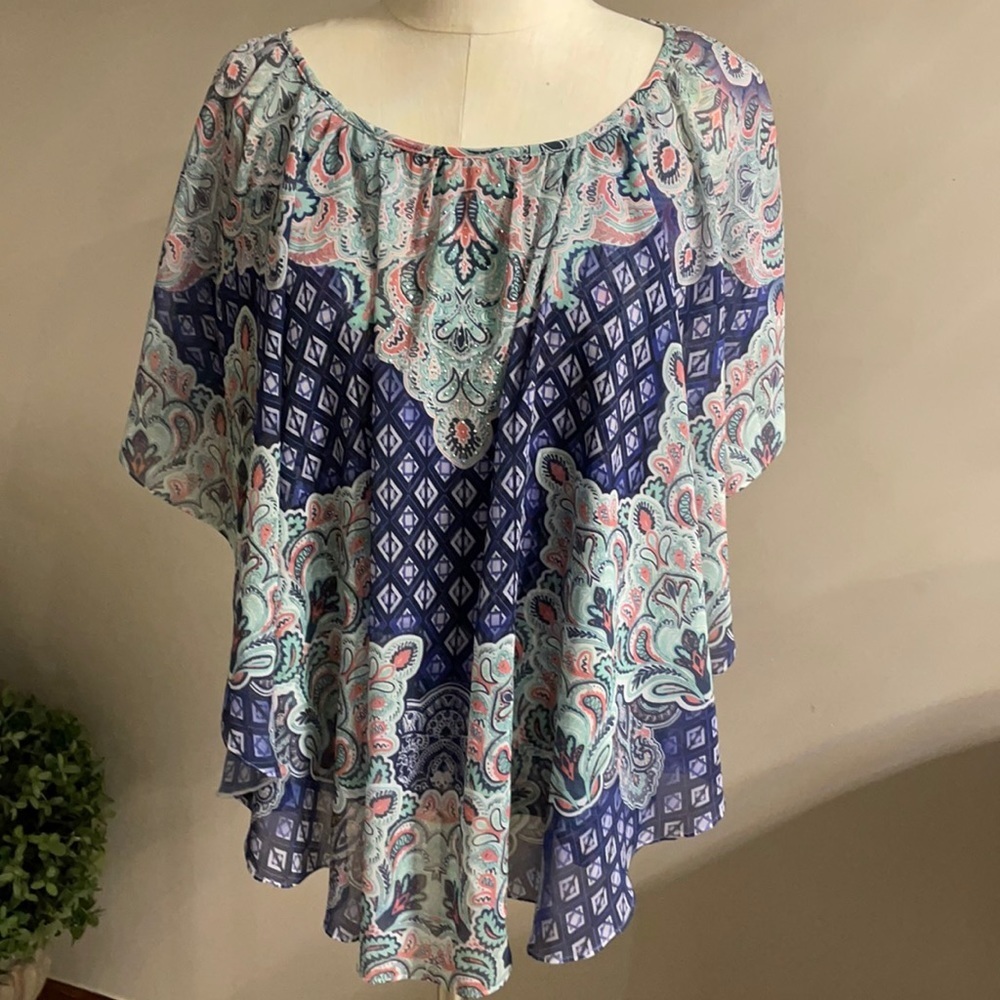 NWT JM COLLECTION overlay poncho blouse top flowy colorful blues paisley  PXL